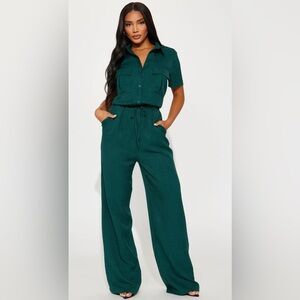 Fashion Nova Hunter Green Linen Jumpsuit